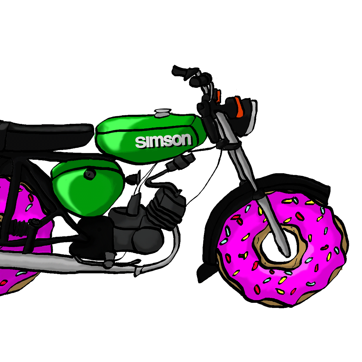 Zeichnung eines Mopeds mit Donuts als Reifen